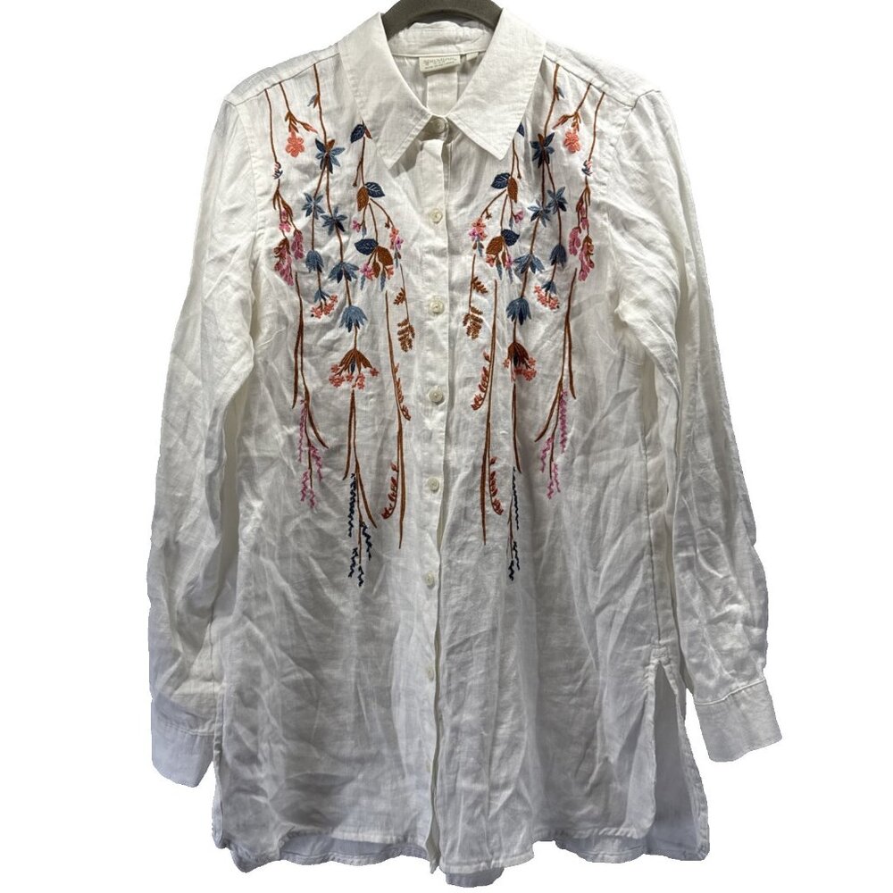 Spartina 449 Women's Top Small Button Up Embroidered Linen Tunic Ivory Flowers